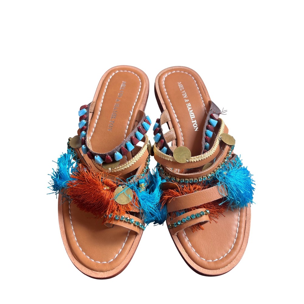 Melvin & Hamilton Womens Boho Tassel Coin Beaded Leather Slide Sandals Tan EU 38